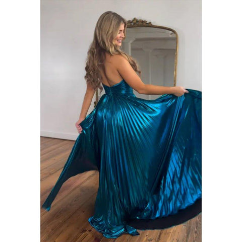Vestido largo de fiesta de noche, corte en A, azul marino, satén, escote halter cruzado