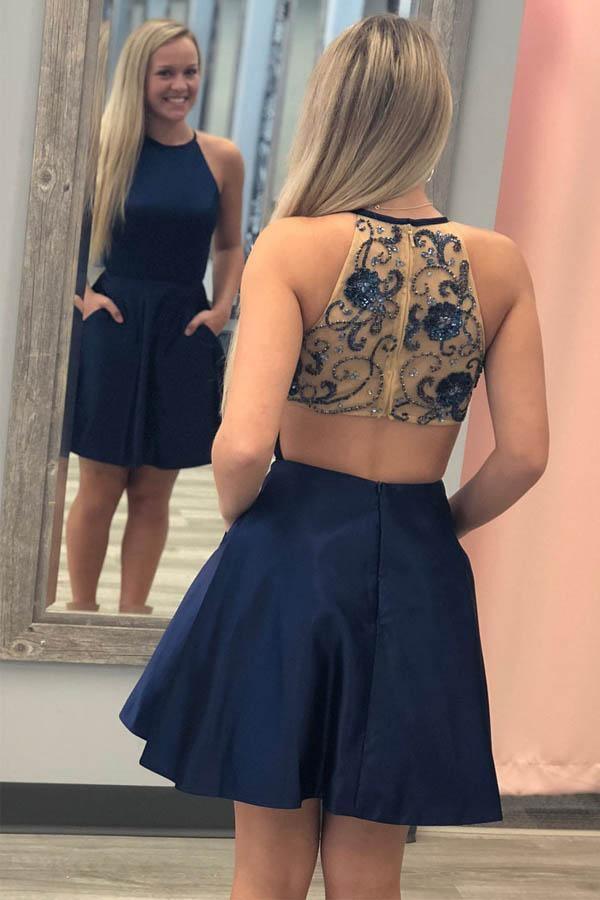 Vestido corto de fiesta azul marino de corte A con espalda con cuentas PD328