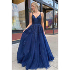 Vestido largo de fiesta de corte A con apliques de tul azul marino, estilo vestido de noche formal