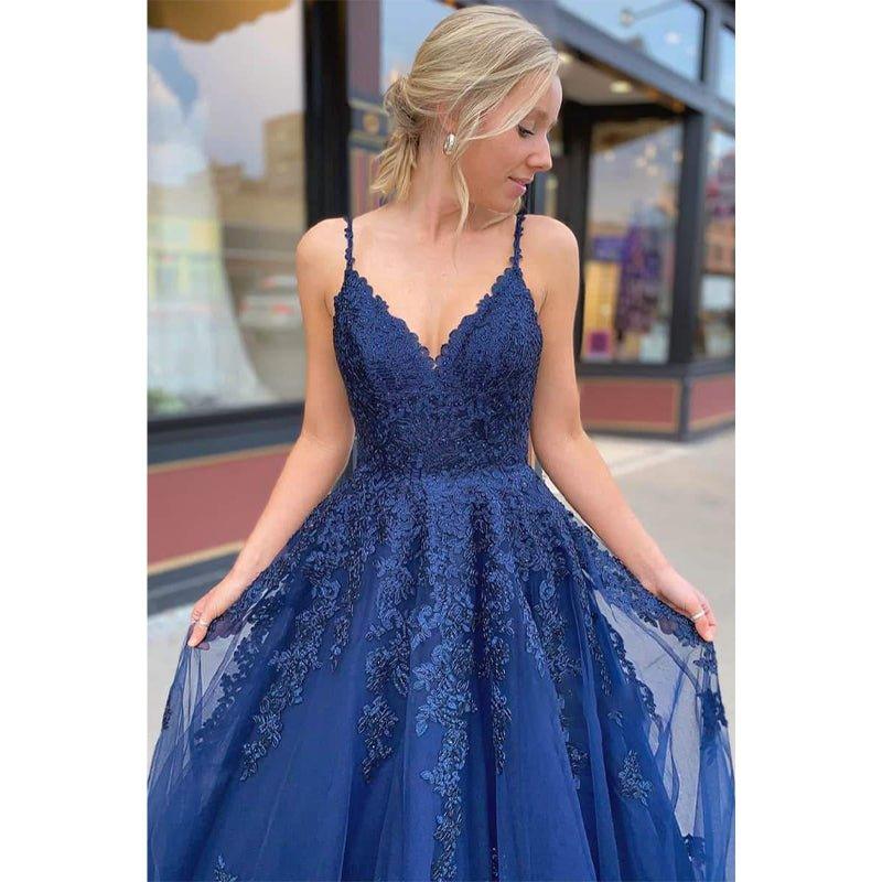 Vestido largo de fiesta de corte A con apliques de tul azul marino, estilo vestido de noche formal