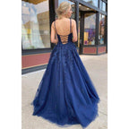 Vestido largo de fiesta de corte A con apliques de tul azul marino, estilo vestido de noche formal