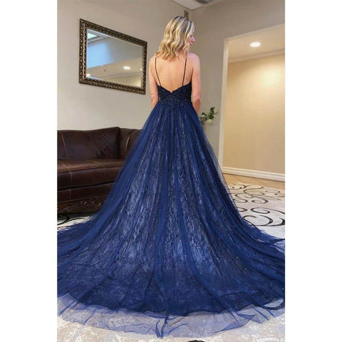 Vestido largo de fiesta de corte A, azul marino, de tul con cuentas y tirantes finos 
