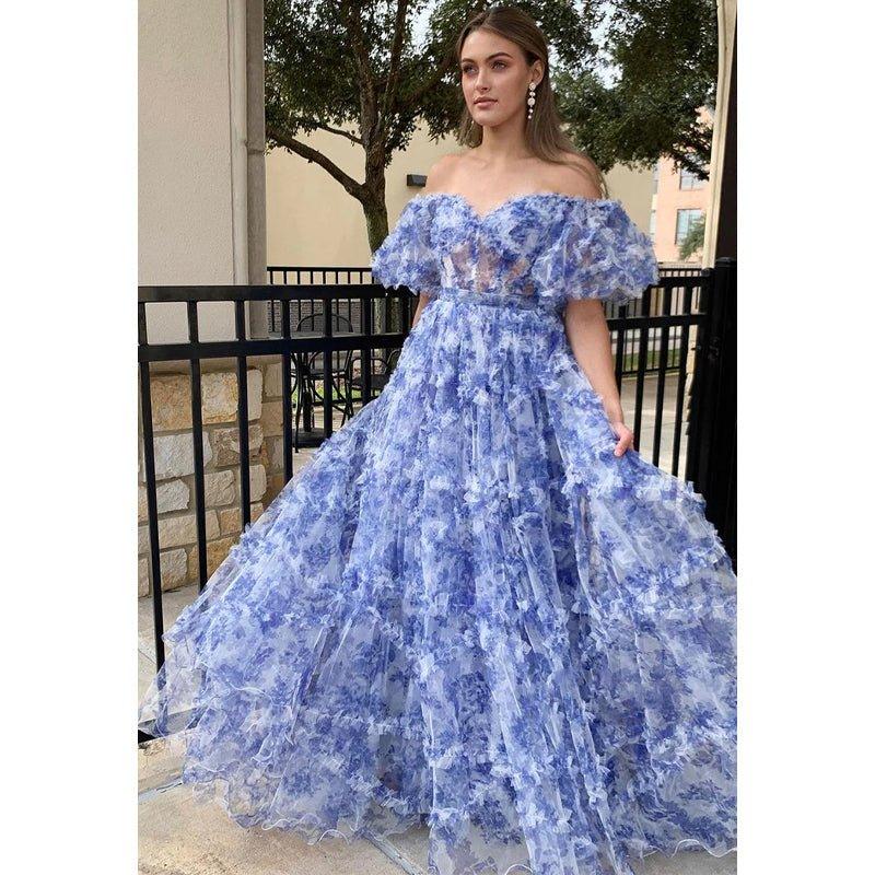 Vestido de baile largo de corte A con hombros descubiertos y estampado de tul, estilo princesa. 
