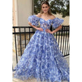 Vestido de baile largo de corte A con hombros descubiertos y estampado de tul, estilo princesa. 