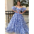 Vestido de baile largo de corte A con hombros descubiertos y estampado de tul, estilo princesa. 