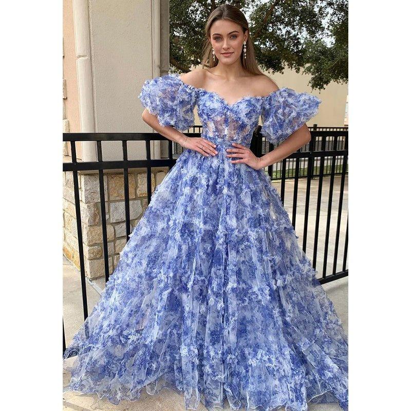 Vestido de baile largo de corte A con hombros descubiertos y estampado de tul, estilo princesa. 