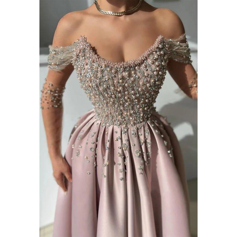 Vestido de fiesta de noche con escote en A, hombros descubiertos, bordado con cuentas y abertura lateral. 