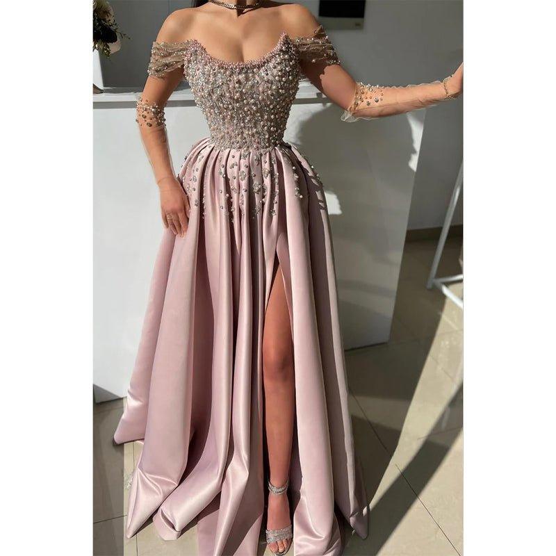Vestido de fiesta de noche con escote en A, hombros descubiertos, bordado con cuentas y abertura lateral. 