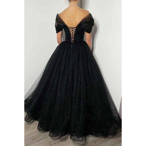 Vestidos de noche formales negros brillantes con hombros descubiertos y cuentas 