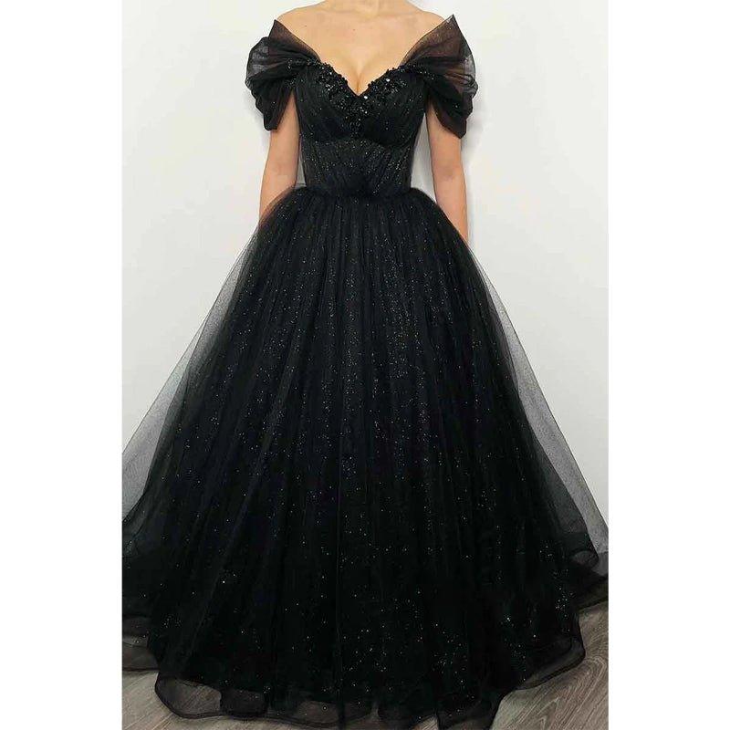 Vestidos de noche formales negros brillantes con hombros descubiertos y cuentas 