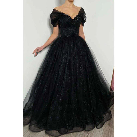 Vestidos de noche formales negros brillantes con hombros descubiertos y cuentas 
