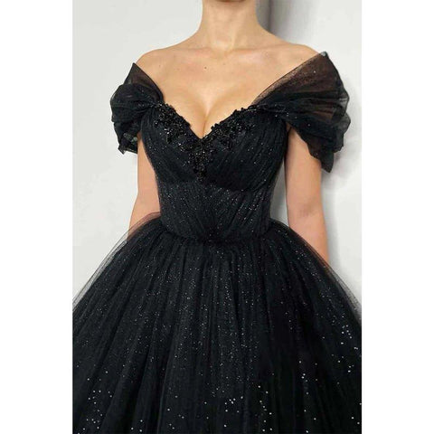 Vestidos de noche formales negros brillantes con hombros descubiertos y cuentas 