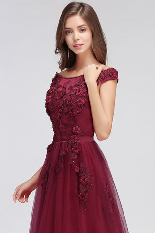 Vestidos de graduación de corte A, hombros descubiertos, largos hasta el suelo, con apliques de tul