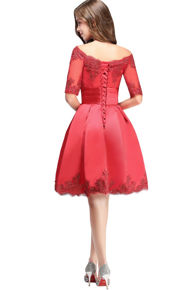 Vestidos de fiesta cortos de encaje con hombros descubiertos, manga corta y corte en A