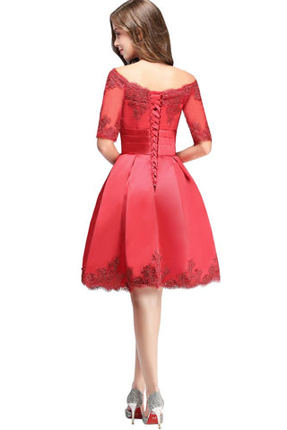 Vestidos de fiesta cortos de encaje con hombros descubiertos, manga corta y corte en A