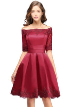 Vestidos de fiesta cortos de encaje con hombros descubiertos, manga corta y corte en A
