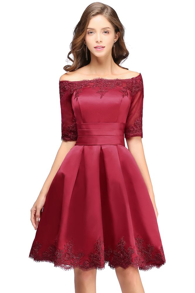 Vestidos de fiesta cortos de encaje con hombros descubiertos, manga corta y corte en A