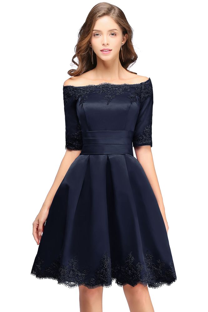 Vestidos de fiesta cortos de encaje con hombros descubiertos, manga corta y corte en A