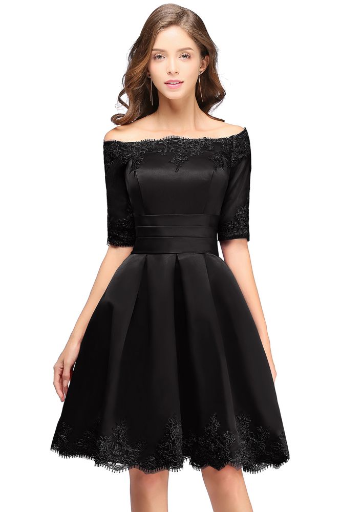 Vestidos de fiesta cortos de encaje con hombros descubiertos, manga corta y corte en A