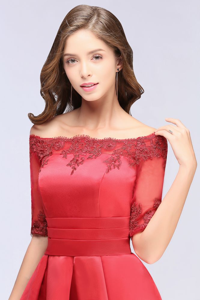 Vestidos de fiesta cortos de encaje con hombros descubiertos, manga corta y corte en A