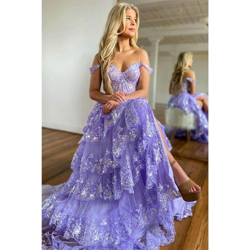 Vestido largo de fiesta con escote asimétrico, encaje y abertura, estilo línea A.