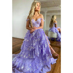 Vestido largo de fiesta con escote asimétrico, encaje y abertura, estilo línea A.