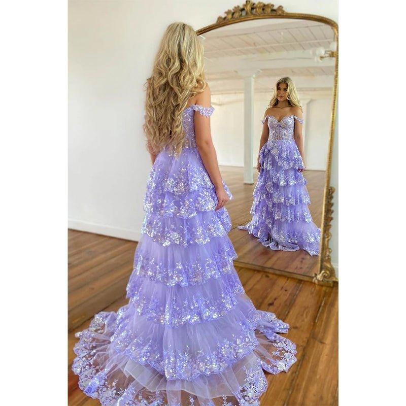 Vestido largo de fiesta con escote asimétrico, encaje y abertura, estilo línea A.