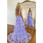 Vestido largo de fiesta con escote asimétrico, encaje y abertura, estilo línea A.