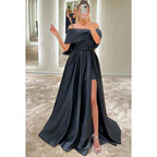 Vestido de fiesta formal de noche con corte en A, hombros descubiertos, cinturón de satén y abertura.