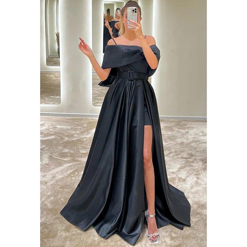 Vestido de fiesta formal de noche con corte en A, hombros descubiertos, cinturón de satén y abertura.