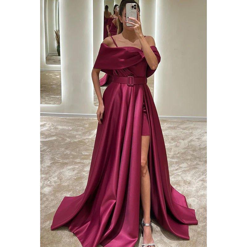 Vestido de fiesta formal de noche con corte en A, hombros descubiertos, cinturón de satén y abertura.