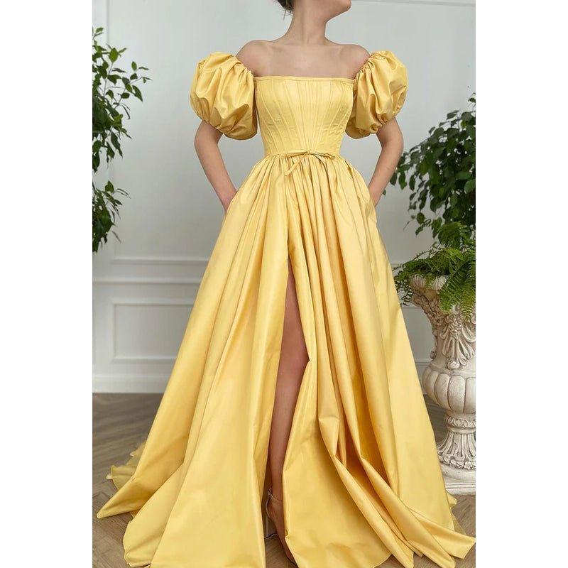 Vestido de fiesta formal de noche, corte en A, hombros descubiertos, satén plisado, mangas cortas