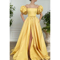 Vestido de fiesta formal de noche, corte en A, hombros descubiertos, satén plisado, mangas cortas