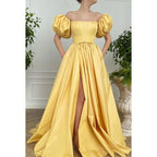Vestido de fiesta formal de noche, corte en A, hombros descubiertos, satén plisado, mangas cortas