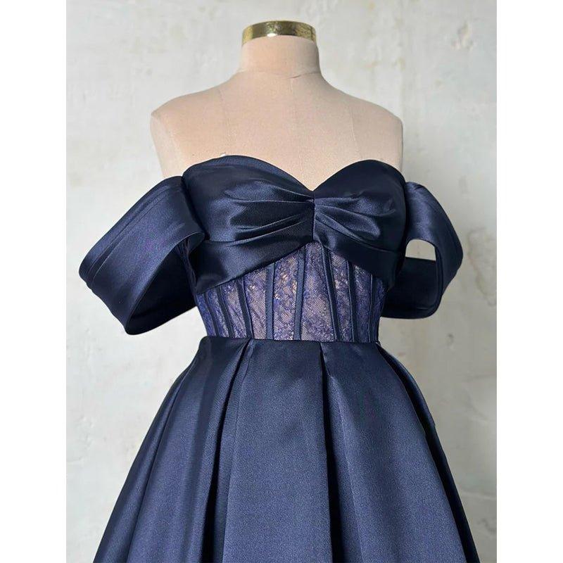 Vestido largo de fiesta formal de satén con encaje transparente y hombros descubiertos, corte en A 