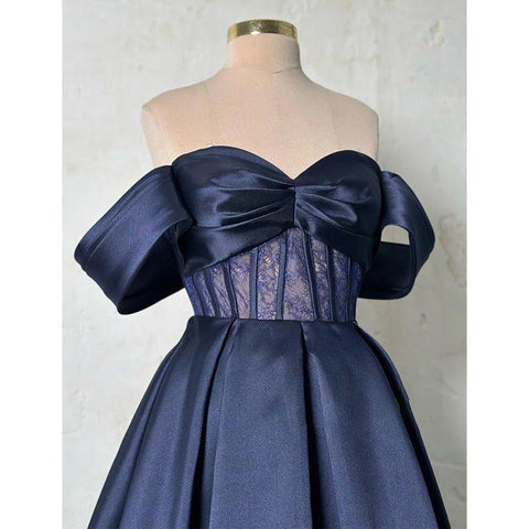 Vestido largo de fiesta formal de satén con encaje transparente y hombros descubiertos, corte en A 