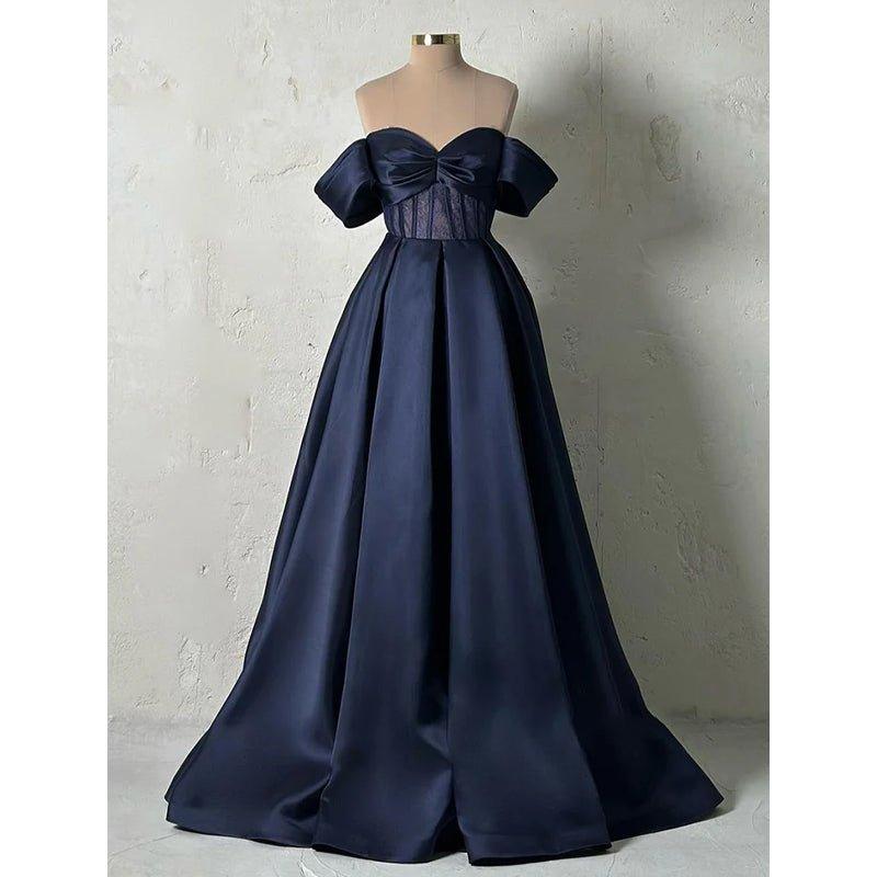 Vestido largo de fiesta formal de satén con encaje transparente y hombros descubiertos, corte en A 