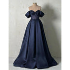 Vestido largo de fiesta formal de satén con encaje transparente y hombros descubiertos, corte en A 