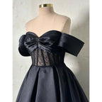 Vestido largo de fiesta formal de satén con encaje transparente y hombros descubiertos, corte en A 