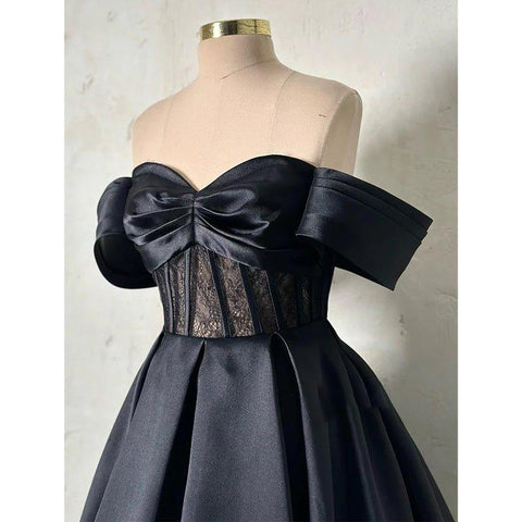 Vestido largo de fiesta formal de satén con encaje transparente y hombros descubiertos, corte en A 