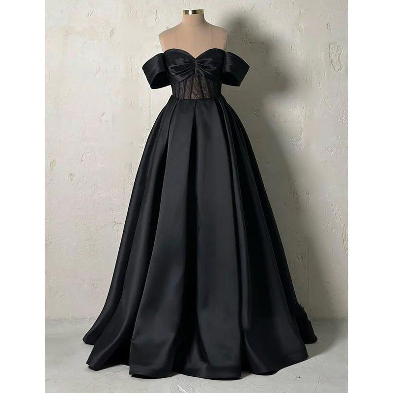 Vestido largo de fiesta formal de satén con encaje transparente y hombros descubiertos, corte en A 