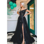 Vestido de fiesta formal de noche sin mangas, corte en A, hombros descubiertos, apliques de tul, sin mangas