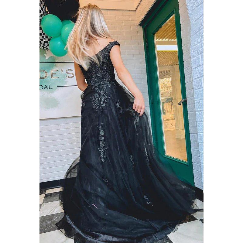 Vestido de fiesta formal de noche sin mangas, corte en A, hombros descubiertos, apliques de tul, sin mangas