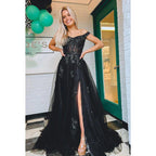 Vestido de fiesta formal de noche sin mangas, corte en A, hombros descubiertos, apliques de tul, sin mangas