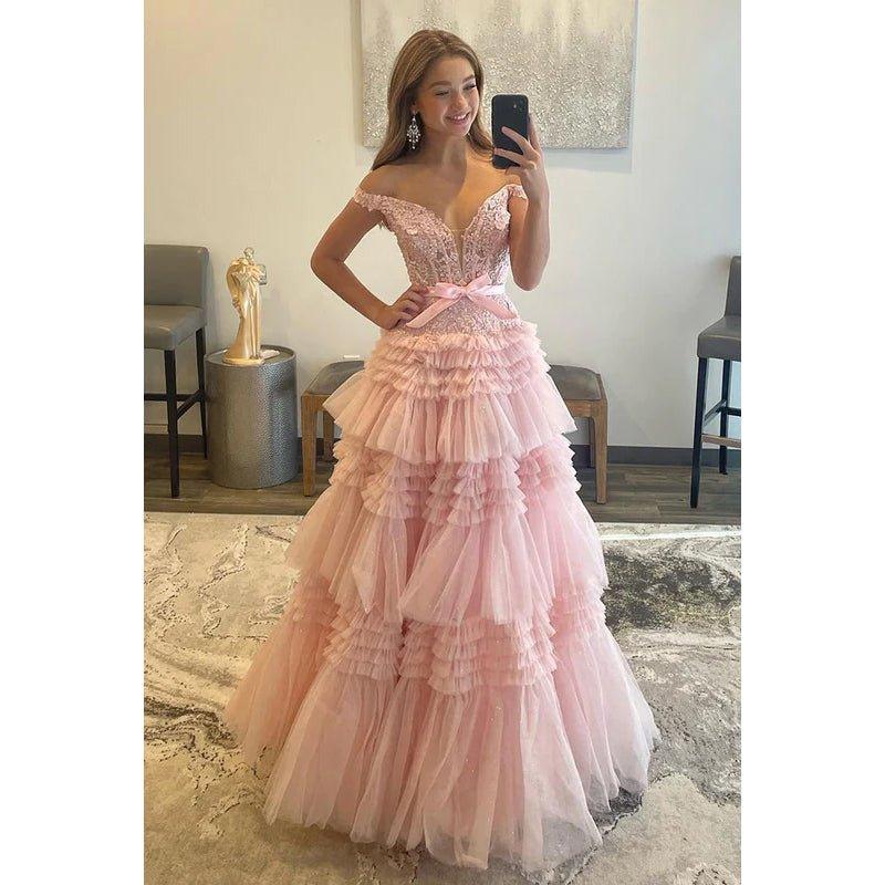 Vestido de fiesta formal de noche sin mangas, corte en A, hombros descubiertos, apliques de tul, sin mangas