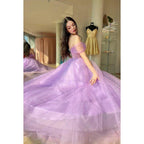 Vestido de fiesta formal de noche, corte en A, hombros descubiertos, tul, espalda descubierta, sin mangas
