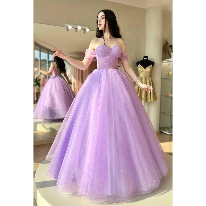 Vestido de fiesta formal de noche, corte en A, hombros descubiertos, tul, espalda descubierta, sin mangas