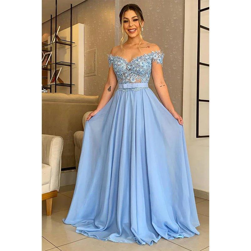 Vestido largo de noche formal con apliques y hombros descubiertos, corte en A 