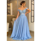 Vestido largo de noche formal con apliques y hombros descubiertos, corte en A 