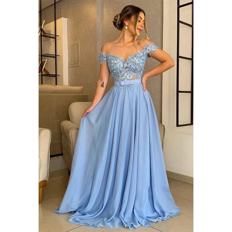 Vestido largo de noche formal con apliques y hombros descubiertos, corte en A 